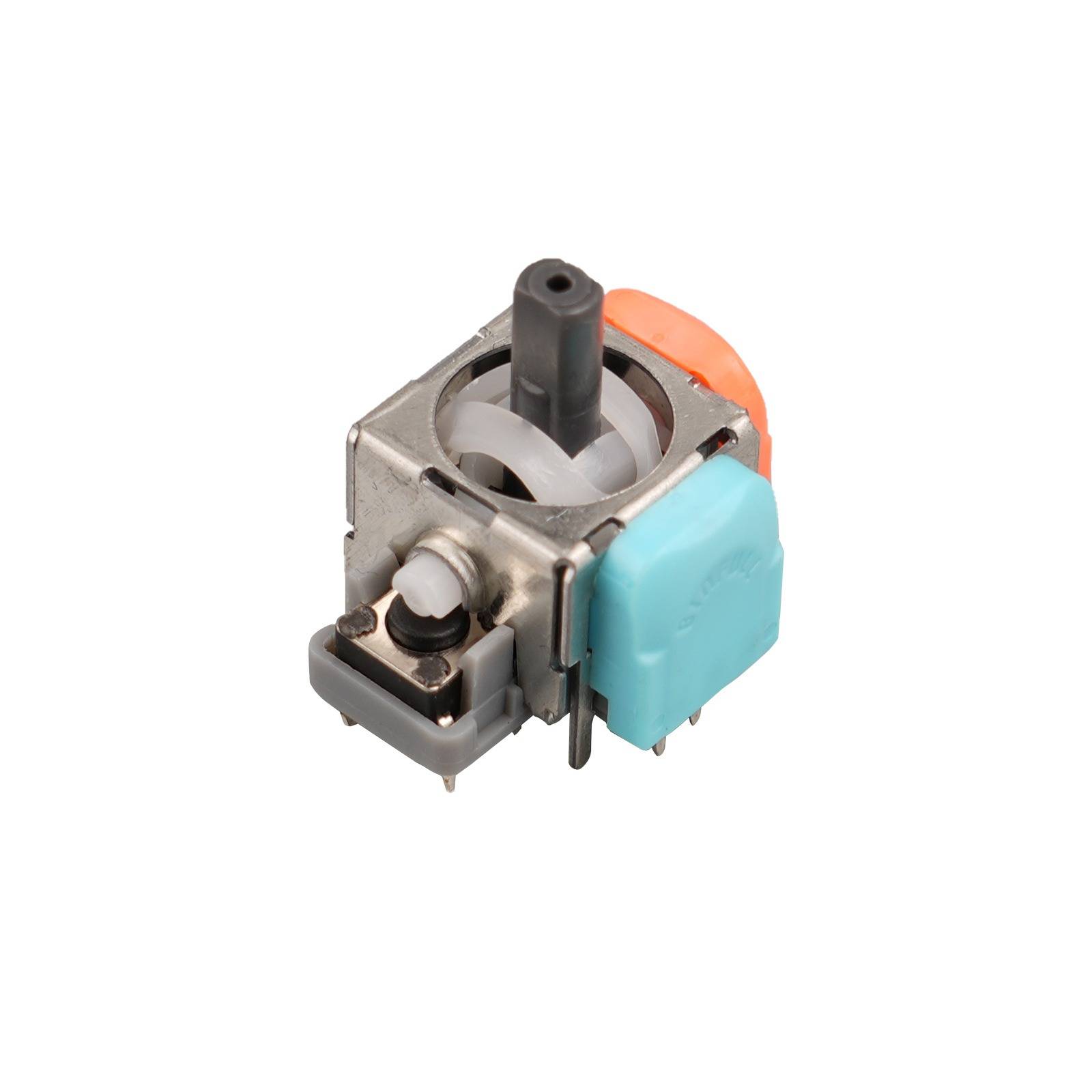 Nahaufnahme eines kleinen elektronischen Joystick-Moduls mit einem schwarzen Mittelstab, Metallrahmen und blauen und orangen Seitentasten auf weißem Hintergrund.