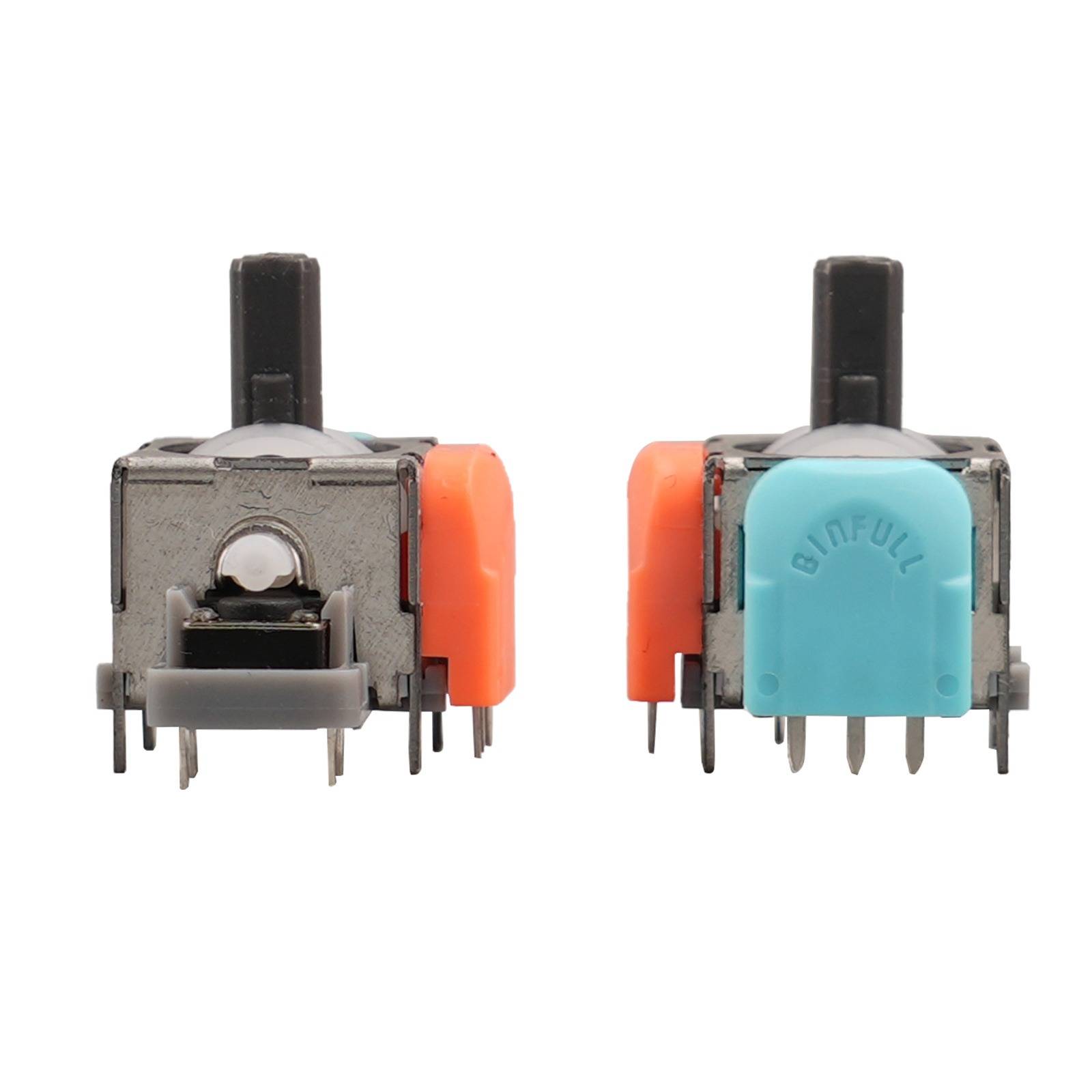 Zwei kleine elektronische Druckknopfschalter nebeneinander angeordnet, mit schwarzen Betätigungselementen, orangefarbenen Seiten und einer blauen Kappe mit der Aufschrift "BINFUL"" auf einem Schalter.