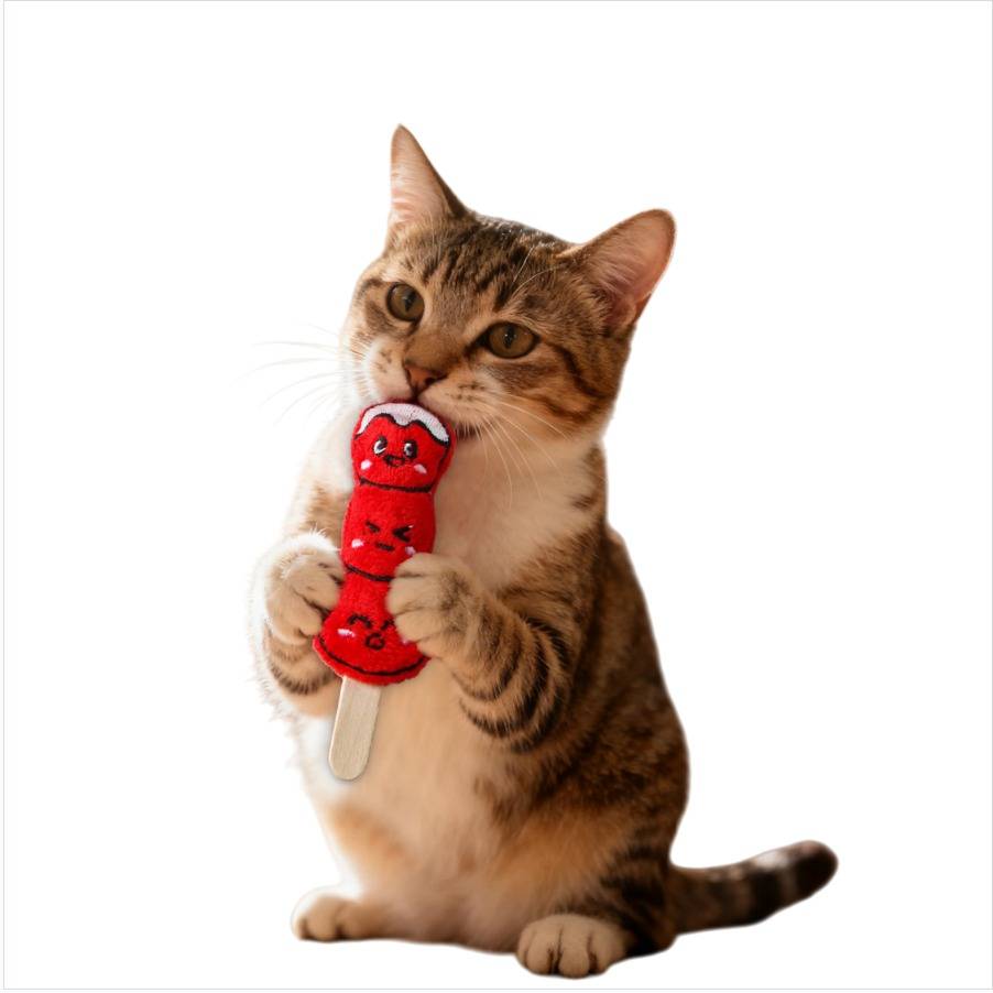 Getigerte Katze, die sitzt und ein rotes, lutscher-förmiges Spielzeug in ihrem Maul und ihren Pfoten hält, vor weißem Hintergrund.
