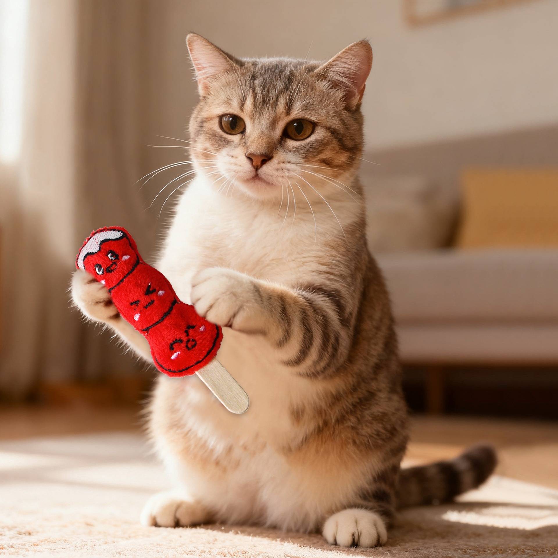 Eine getigerte Katze sitzt auf einem Teppich und hält ein rotes, lutscher-förmiges Spielzeug mit einem verspielten Gesicht.