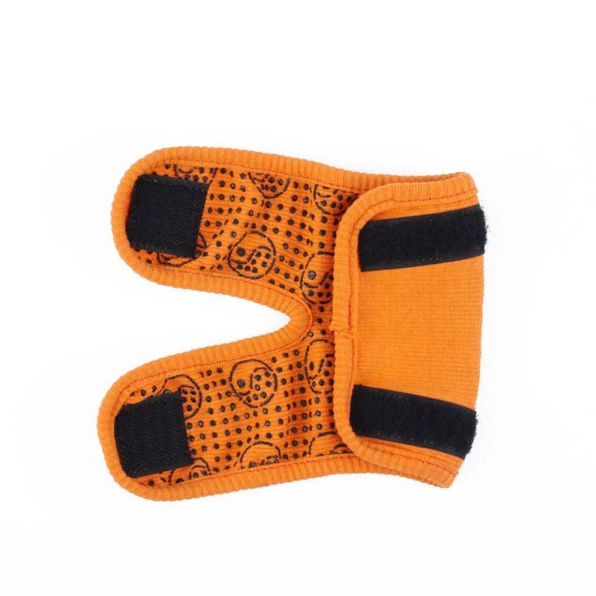 Orange gepolsterte Haustierstiefel oder Beingamasche mit schwarzen Klettverschlussriemen auf weißem Hintergrund