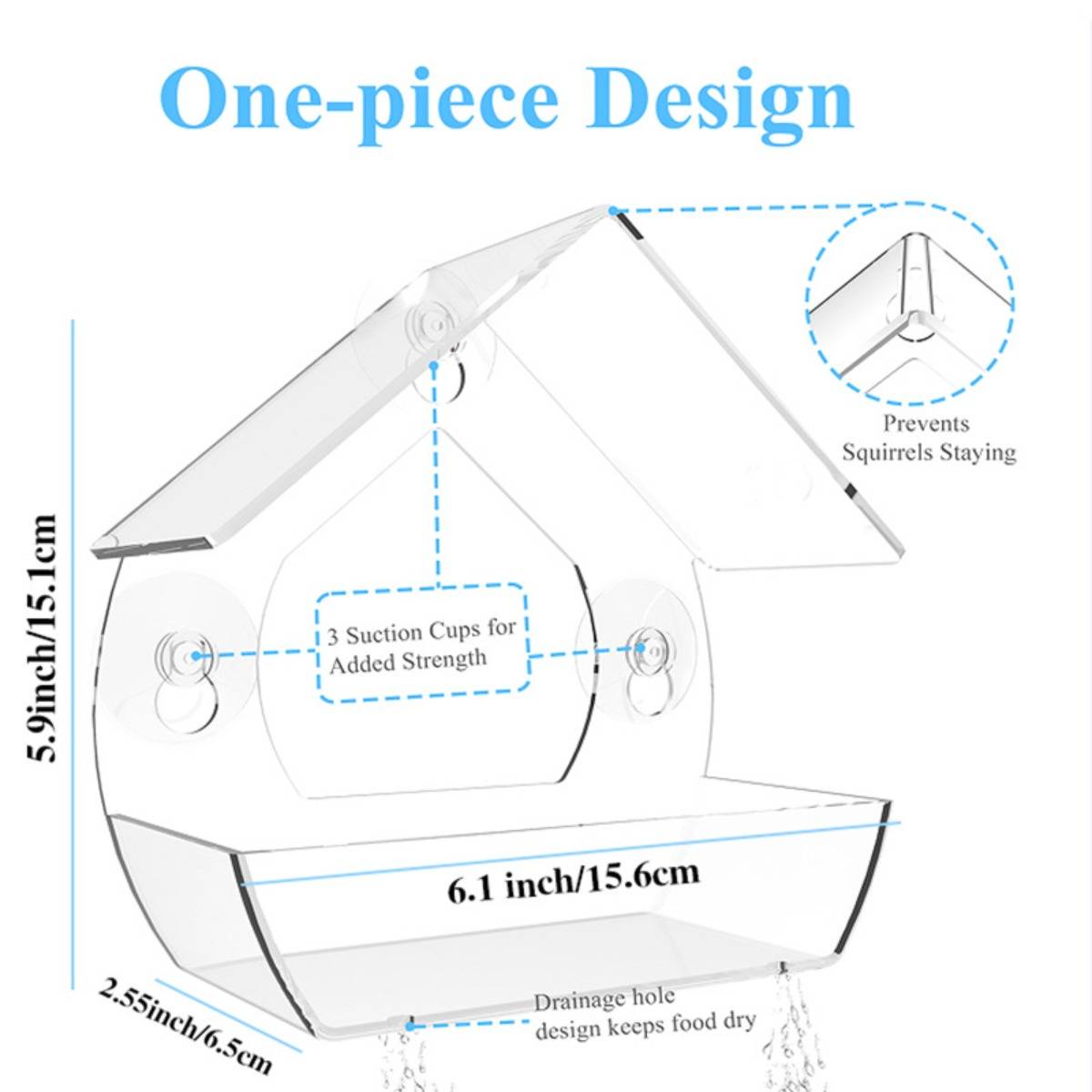 Diagramm eines durchsichtigen, einteiligen Eichhörnchen-Futterautomaten mit Saugnapfangebracht, einem Dach, das verhindert, dass Eichhörnchen verweilen, einem Ablaufloch, um das Futter trocken zu halten, und Größenbezeichnungen.