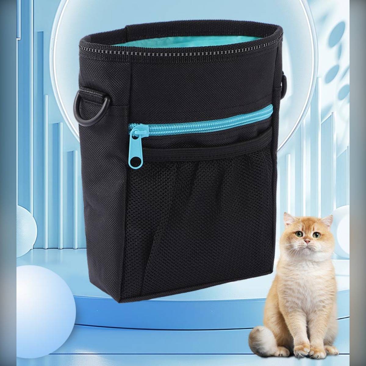 Schwarzes Reißverschluss-Haustiertäschchen mit türkisen Akzenten neben einer sitzenden orange-weißen Katze auf blauem Studiohintergrund.