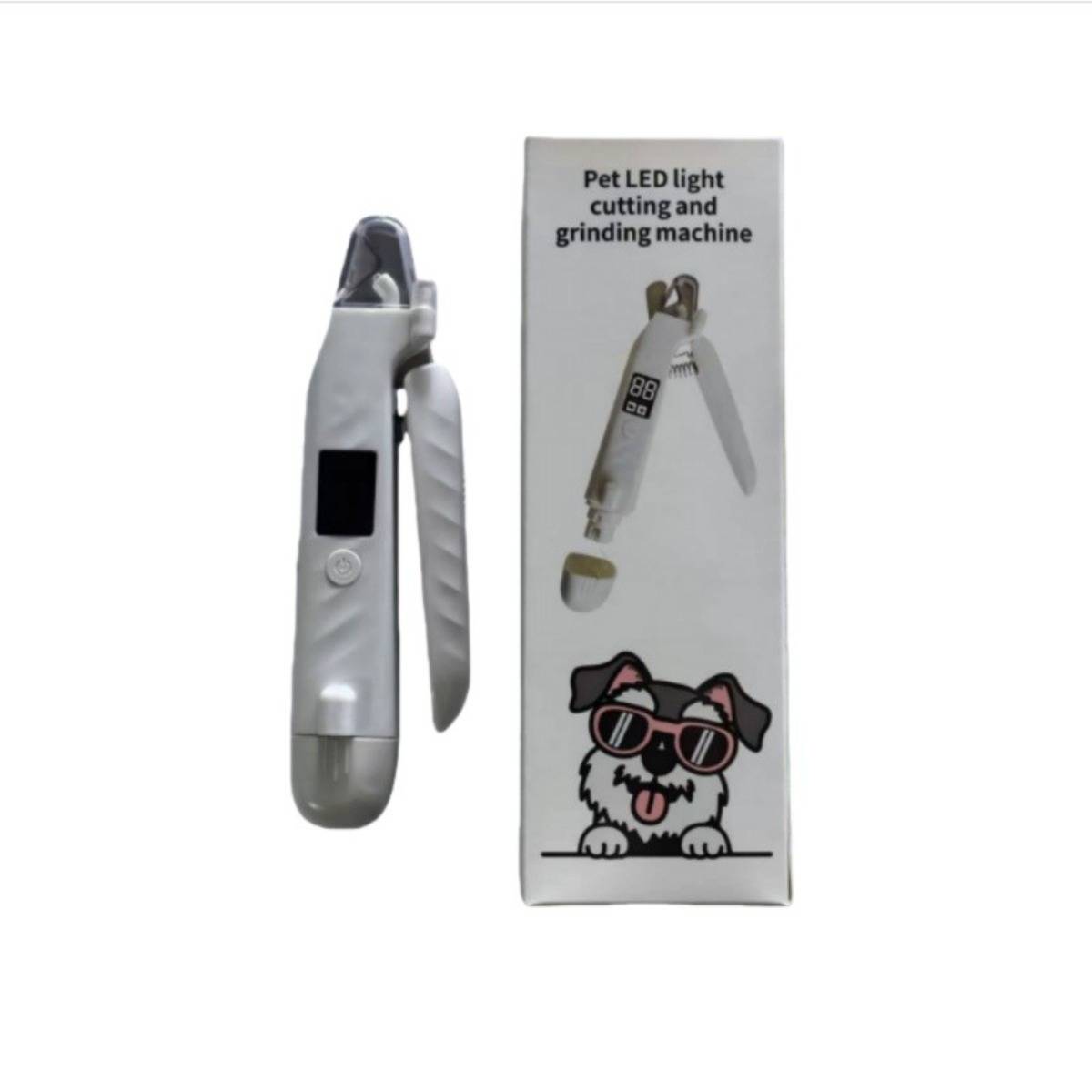 Eine Pet-LED-Licht-Schneid- und Schleifmaschine, die neben ihrer Verpackung abgebildet ist, mit einer Hundeillustration auf der Verpackung.