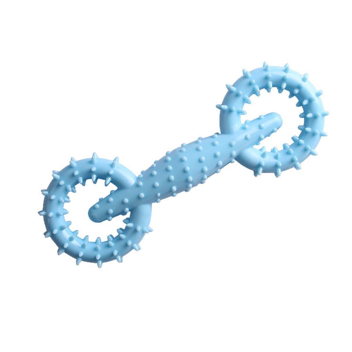 Blauer 3D-Kurzhantel mit Spitzen oder kettenähnliches Objekt, diagonal auf weißem Hintergrund geneigt.