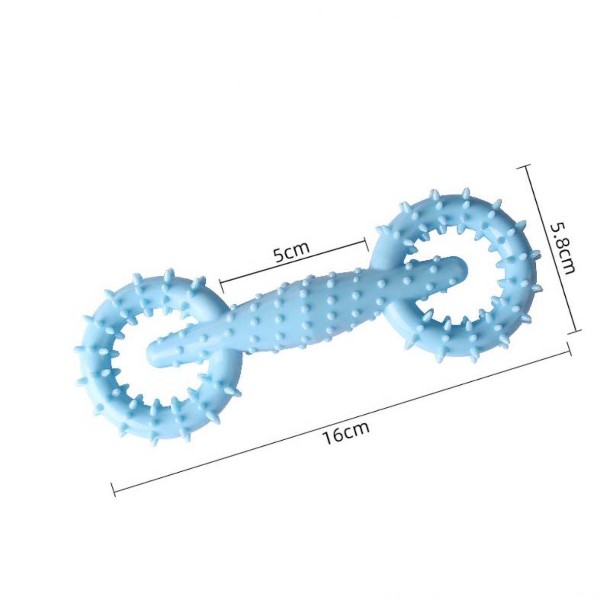 Blaues Doppelring-Spielzeug mit Stacheln und strukturierter Mittelbarre, auf weißem Hintergrund dargestellt mit beschrifteten Abmessungen von 16 cm Länge, 5 cm Mittelteil und 5,8 cm Höhe.