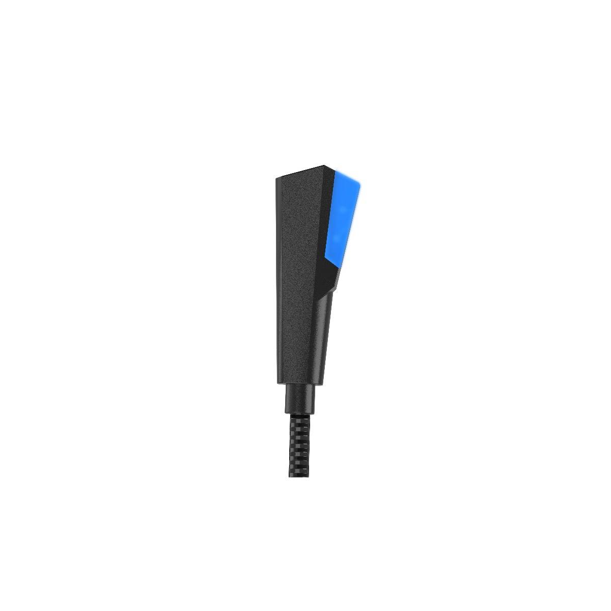 Ein schwarzer verdrahteter Druckknopf oder Schalter mit blauem Seitenakzent, isoliert auf weißem Hintergrund dargestellt.