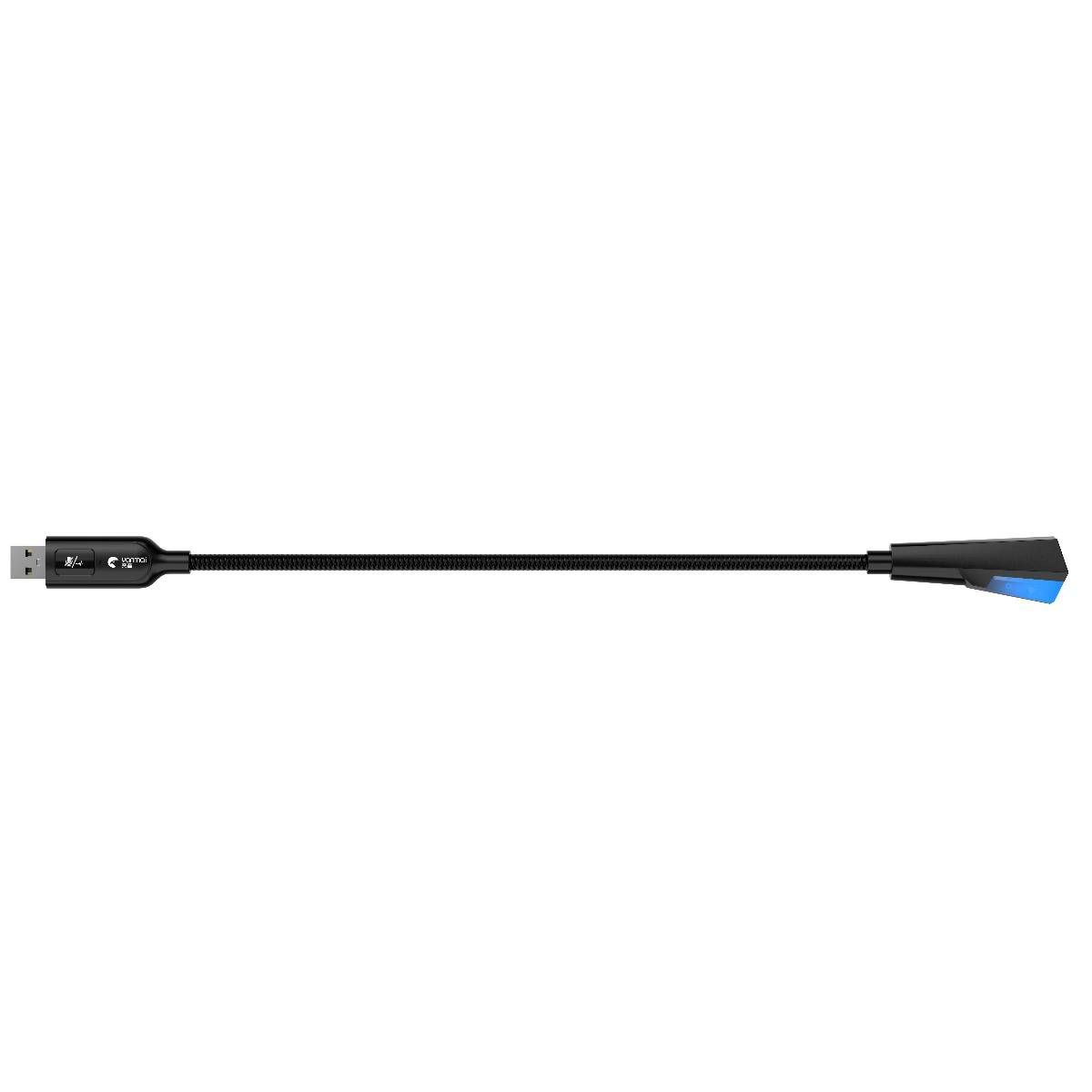 Schwarze flexible USB-Schreibtischleuchte mit langem Schwanenhals und blauausgeleuchtetem Lampenkopf auf weißem Hintergrund.