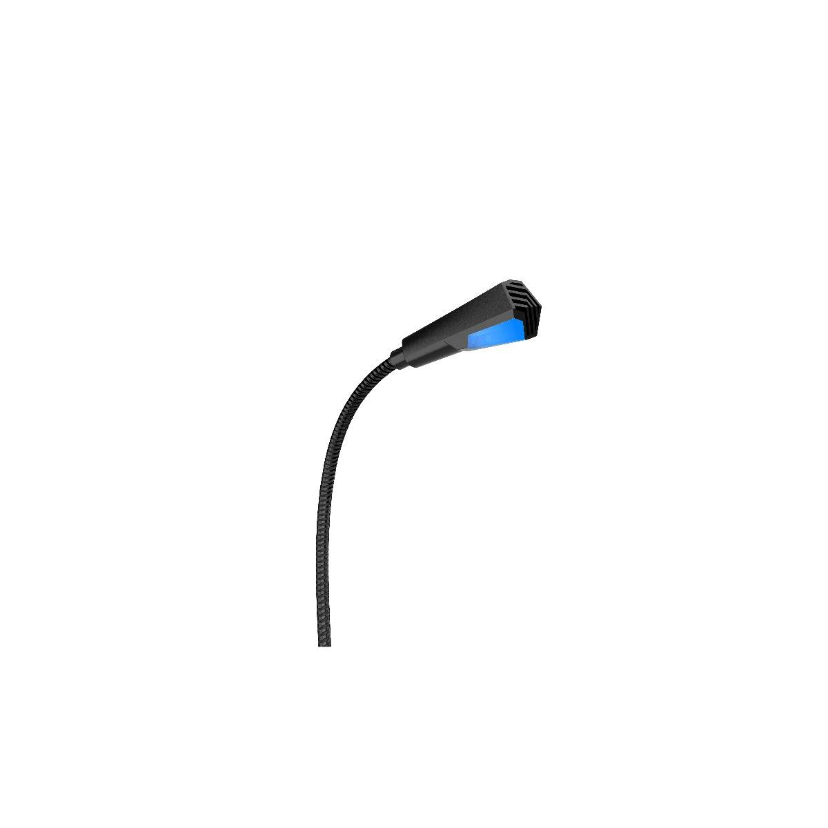 Schwarze LED-Schreibtischleuchte mit Schwanenhals und blauem Lichtfeld auf weißem Hintergrund.