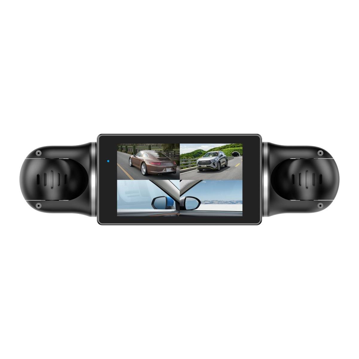Rückspiegel-Dashcam für das Auto mit dualen Seitenkameras, die auf dem Display geteilte Bildschirmansichten der vorderen und hinteren Fahrtrichtung zeigt.