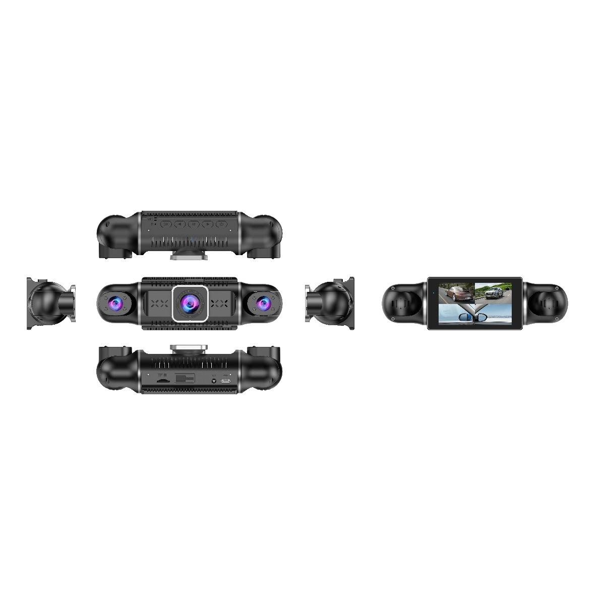Explodierte Produktansicht einer Dual-Lens-360-Grad-Dashcam mit Front-, Heck- und Seitenmodulen sowie einem kleinen Anzeigebildschirm mit Straßenaufnahmen.