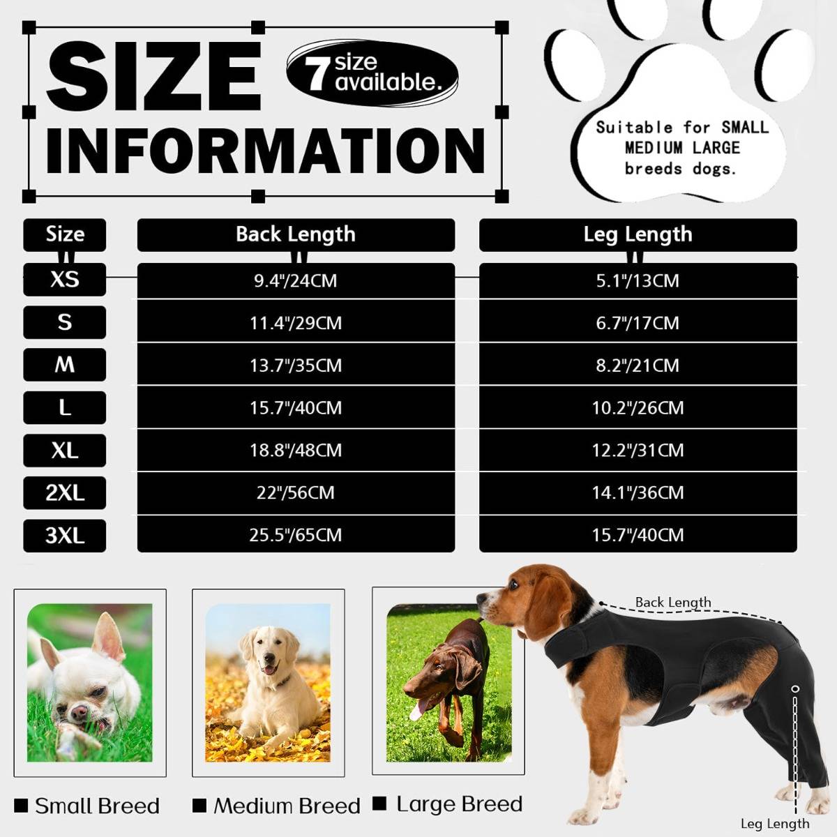 Hundegeschirr-Größentabelle mit 7 Größen (XS-3XL) mit Rückenlängen- und Schenkellengen-Messungen; geeignet für kleine, mittlere und große Rassen.