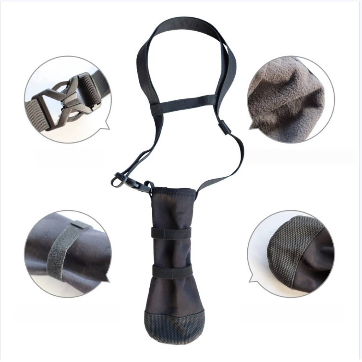 Schwarzes Leder- und Riemen-Hundeführgeschirr mit vier Nahaufnahmen, die Schnallen, Polsterung und Stoffdetails auf weißem Hintergrund zeigen.