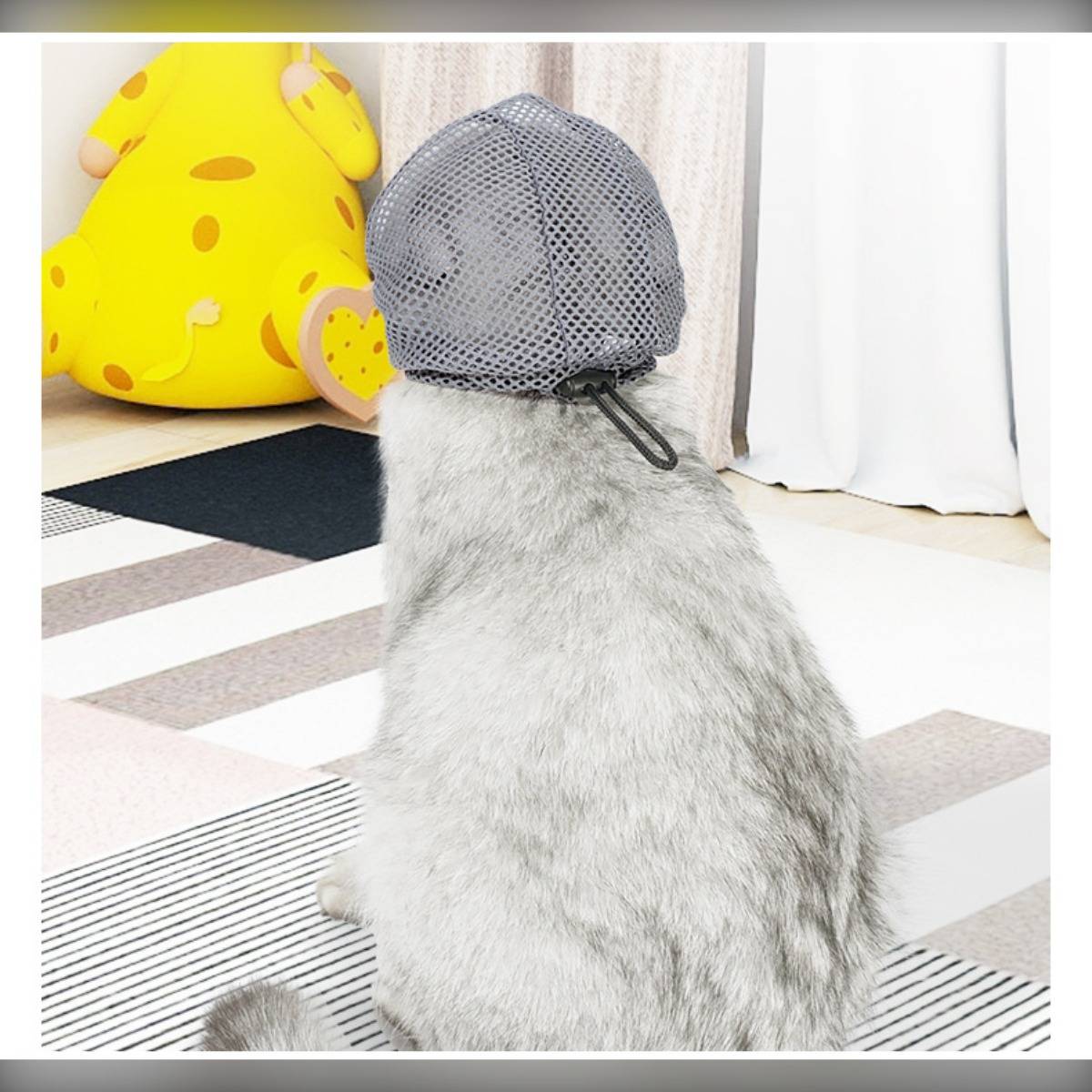 Katze sitzt drinnen und trägt eine graue Netzhaube, schaut auf ein gelbes Plüschspielzeug neben Vorhängen und einem gemusterten Boden.