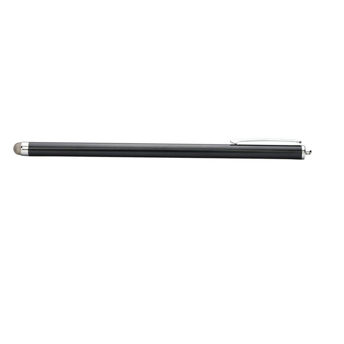 Ein schwarzer Stift mit silberner Spitze und Clip, horizontal auf weißem Hintergrund dargestellt.