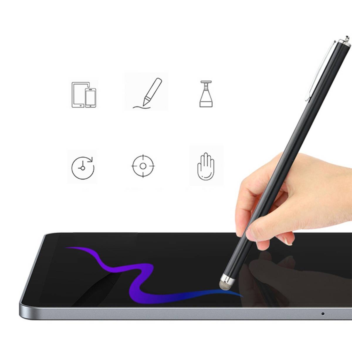 Hand mit einem Stift auf einem Tablet, der eine violett-blaue Linie zeichnet, mit Symbolen oben, die Gerätekompatibilität und Touch-/Stift-Funktionen anzeigen.