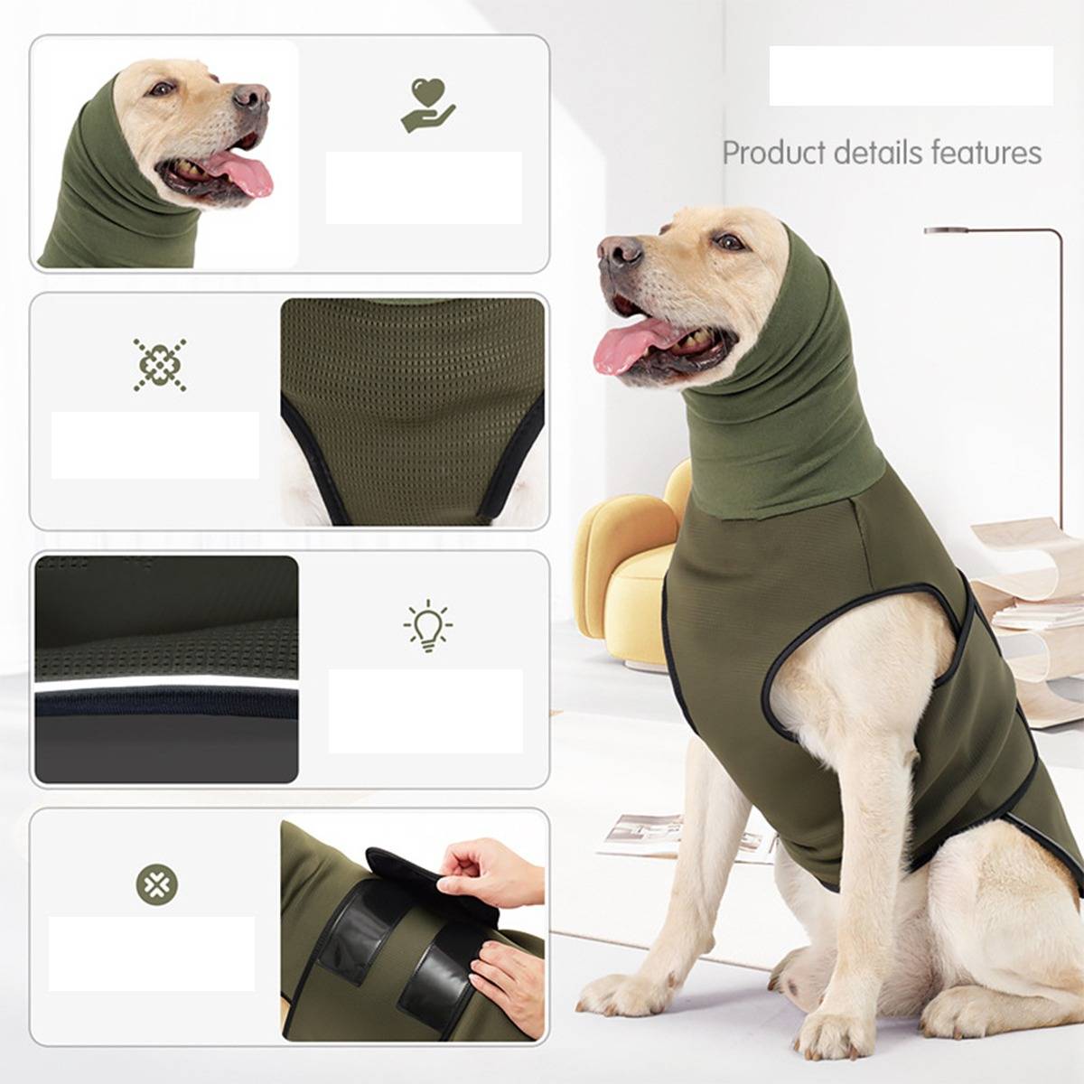 Produktmerkmale einer olivefarbenen Hundekühlweste, gezeigt mit einem Hund, der das Kleidungsstück mit Kapuze trägt, sowie Nahaufnahmen von Stoff, reflektierendem Saum und verstellbaren Verschlüssen.