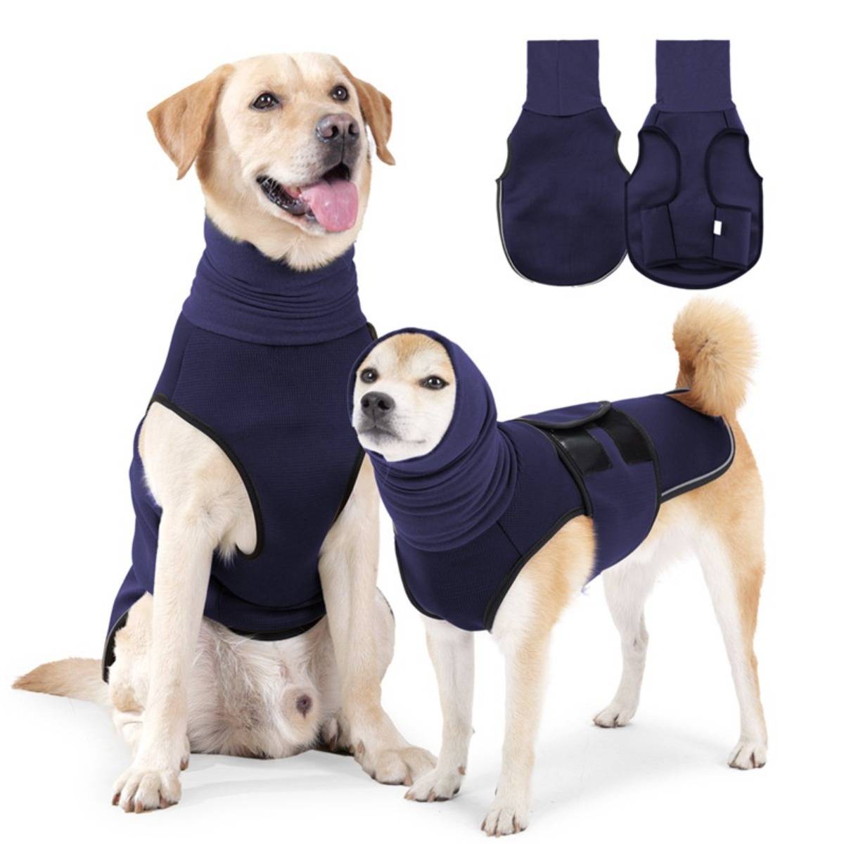Zwei Hunde, die dunkelblaue Ganzkörper-Genesungssuits mit Nackenabdeckung tragen; die Inlay zeigt das Design des Kleidungsstücks von vorne und hinten.