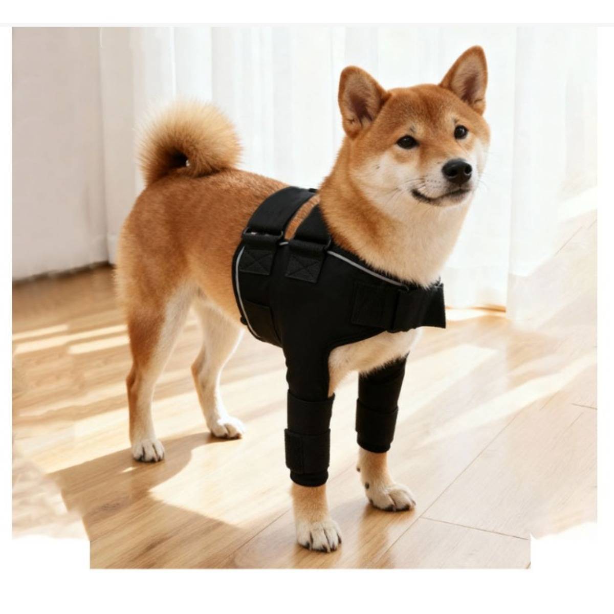 Shiba Inu mit schwarzem Mobilitätsstützgeschirr steht drinnen auf einem sonnenbeschienenen Holzboden.