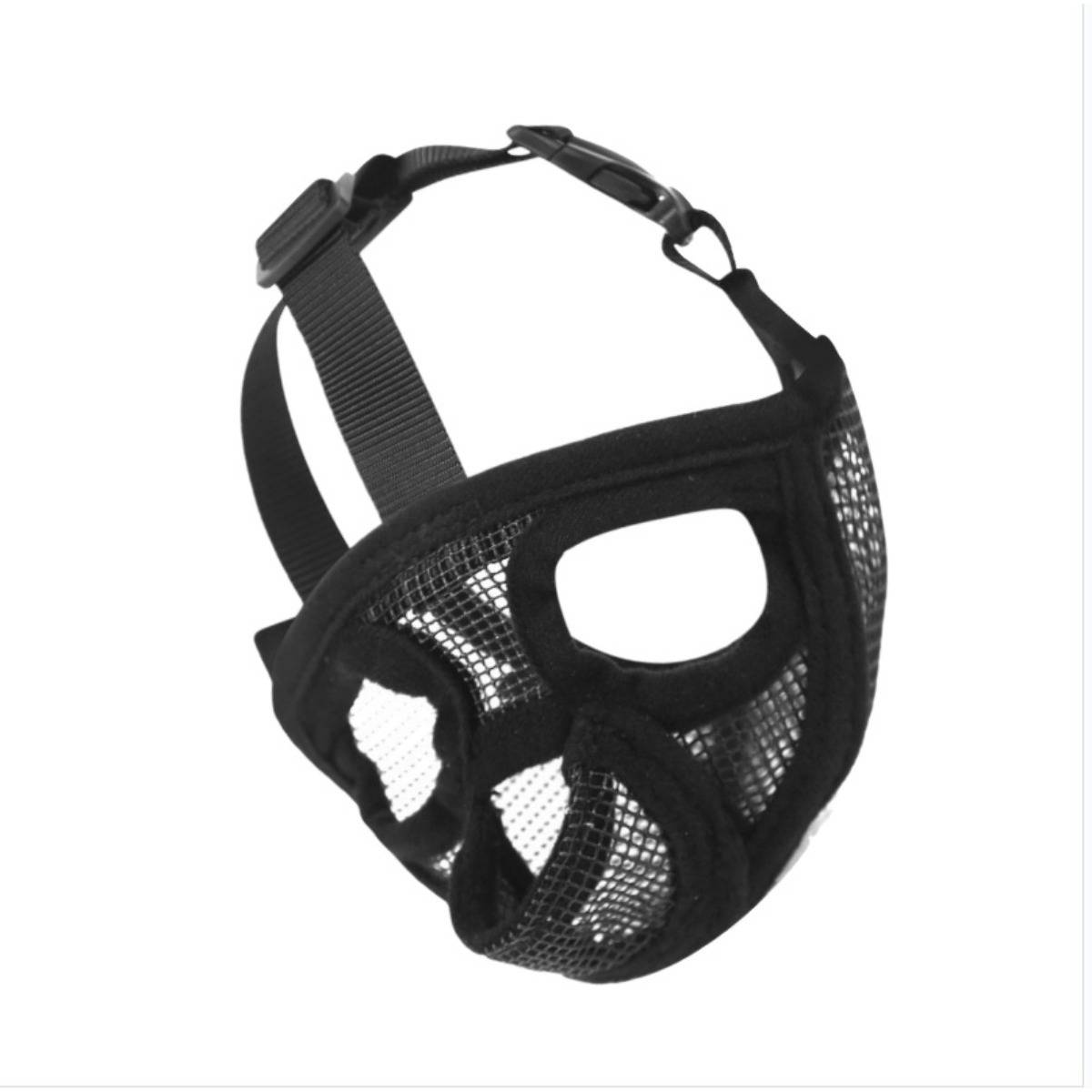 Schwarze Mesh-Maulkorb-ähnliche Gesichtsmaske mit verstellbaren Riemen, auf weißem Hintergrund dargestellt.