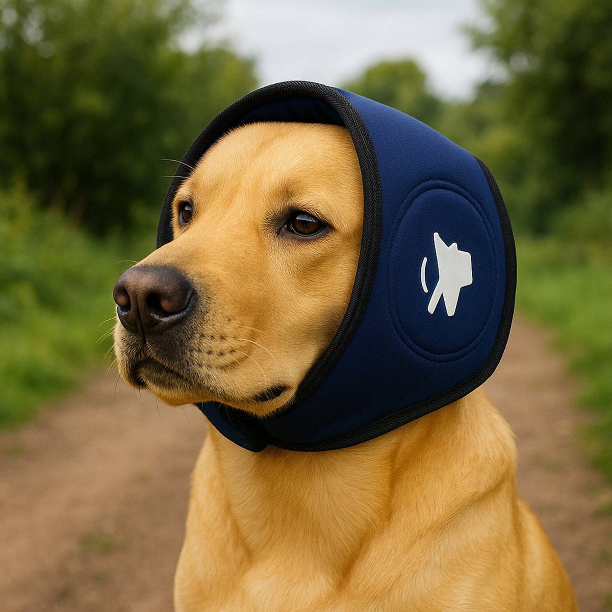 Nahaufnahme eines goldenen Hundes, der ein dunkelblaues Schutz-Kopftuch trägt, auf einem Außenpfad mit unscharfem Grün im Hintergrund.