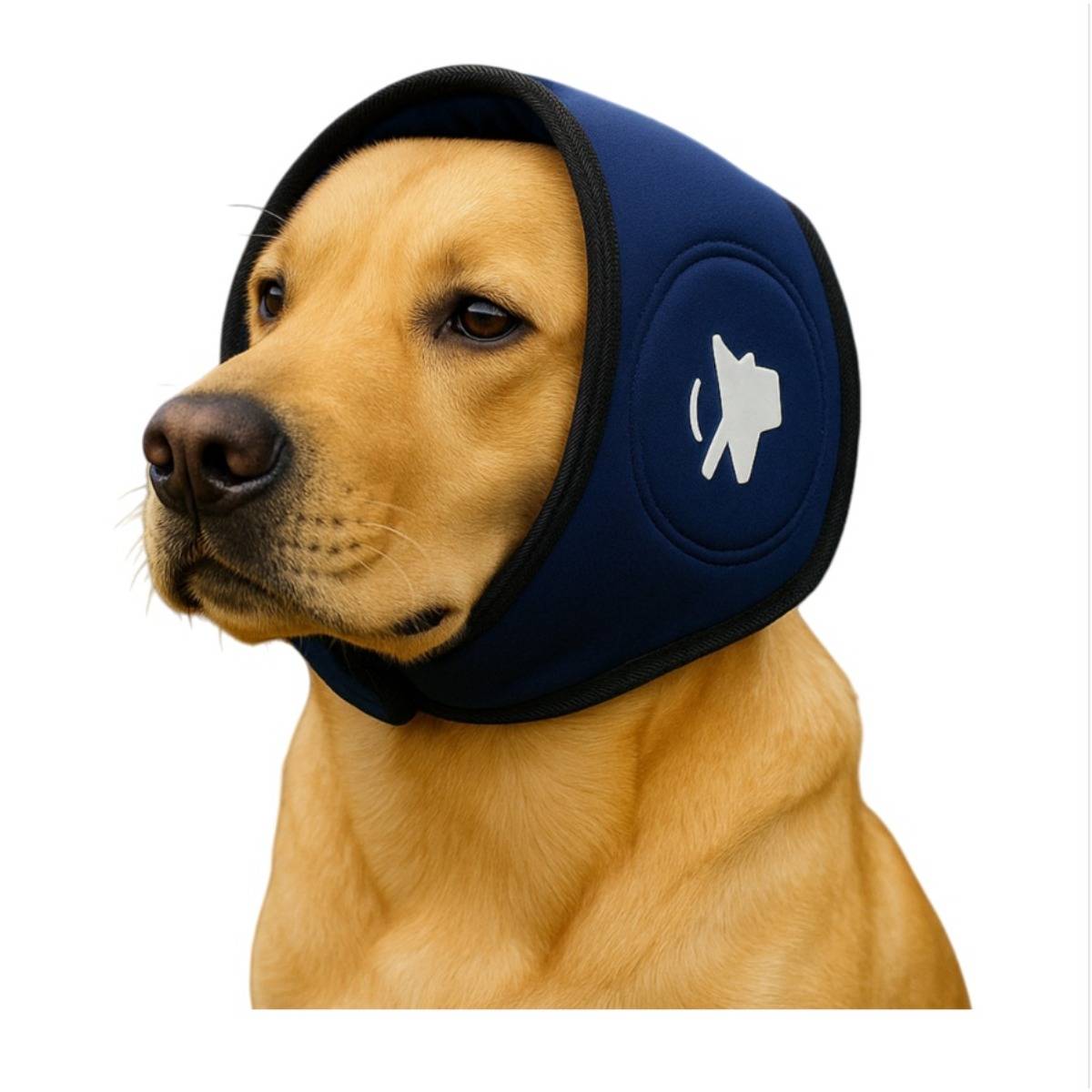 Goldfarbener Retriever mit einer dunkelblau Kapuze, die die Ohren bedeckt, und einem weißen Stummschalt-Symbol, im Profil vor weißem Hintergrund gezeigt.