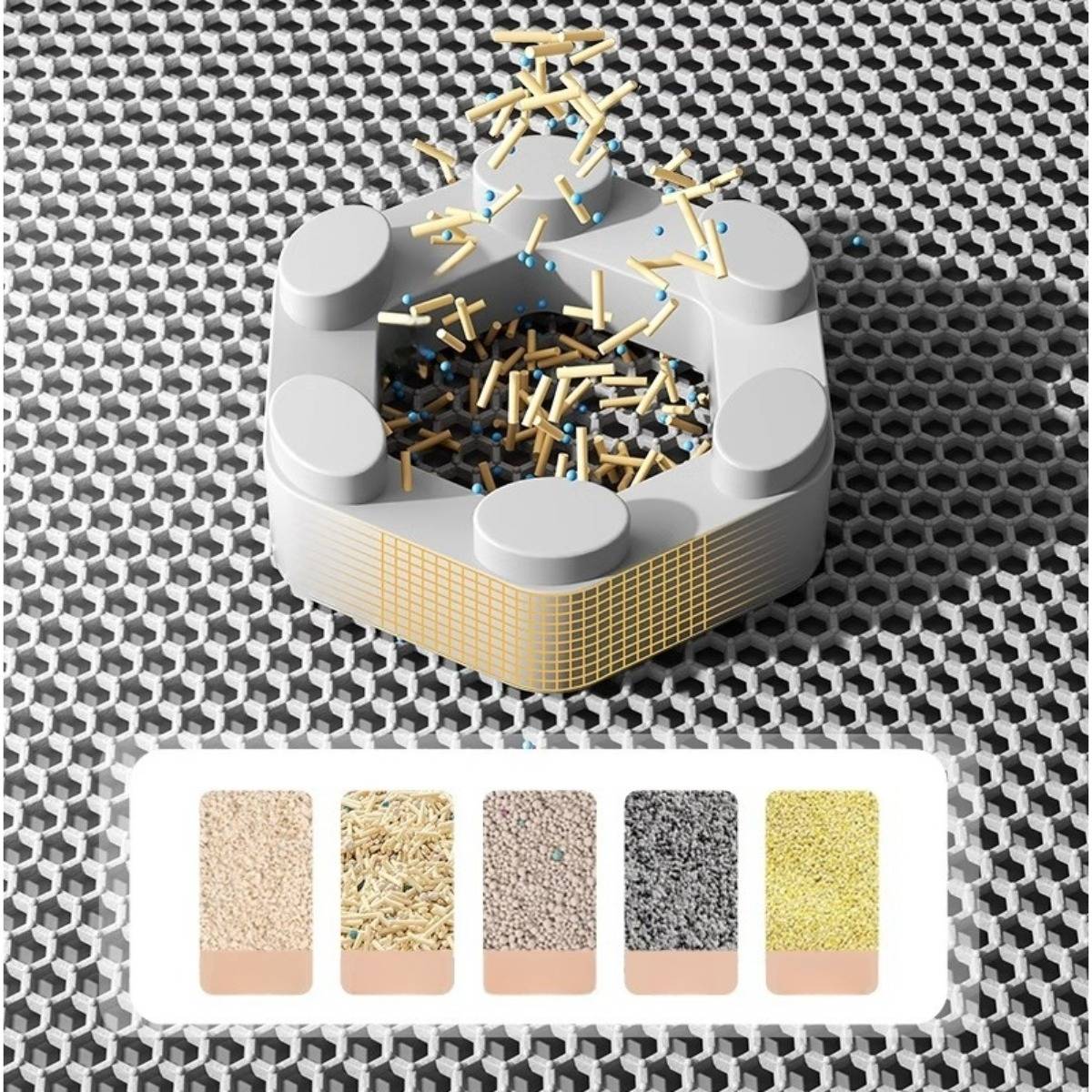 Stilisierter 3D-Behälter oder eine Kapsel, die verschiedene kornähnliche Partikel über einer sechseckigen Oberfläche verstreut, mit einer unteren Tafel, die fünf Muster von Materialen oder Texturen in Farbe zeigt.