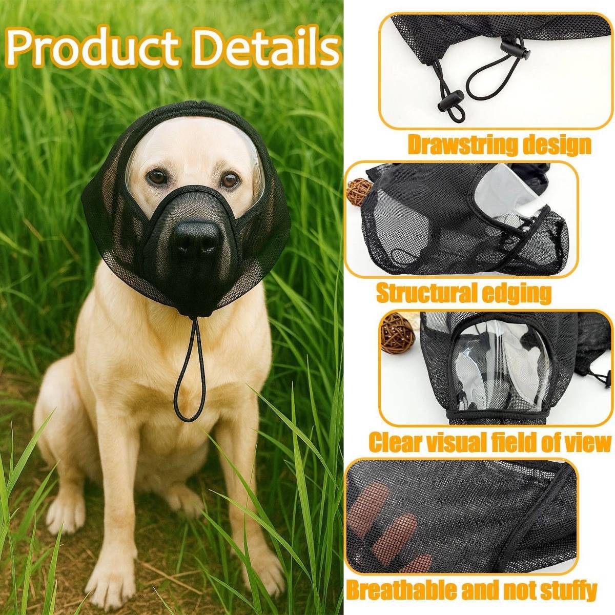 Produktdetails für einen Hundemaulkorb: Ein Hund trägt einen schwarzen Netz-Maulkorb mit Nahaufnahmen, die das Kordelzugdesign, die strukturelle Kantenverstärkung, die klare Sicht und das atmungsaktive Material hervorheben.