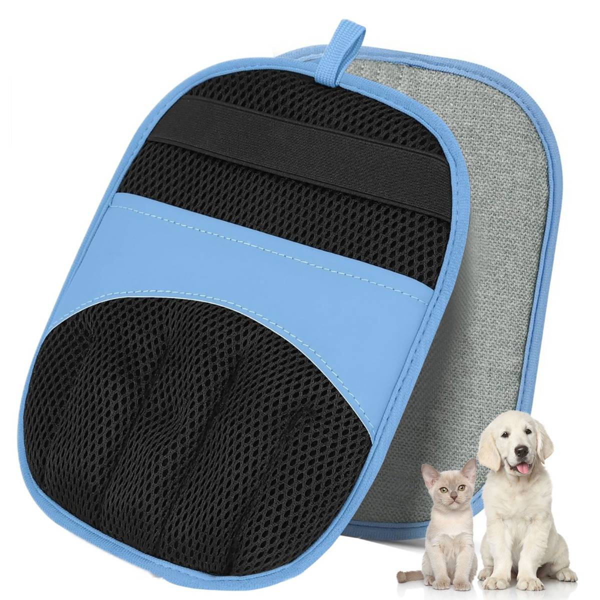 Blau-grauer Haustier-Rucksack mit schwarzen Mesh-Paneelen und einer vorderen Öffnung, abgebildet mit einem Kätzchen und Welpen daneben.