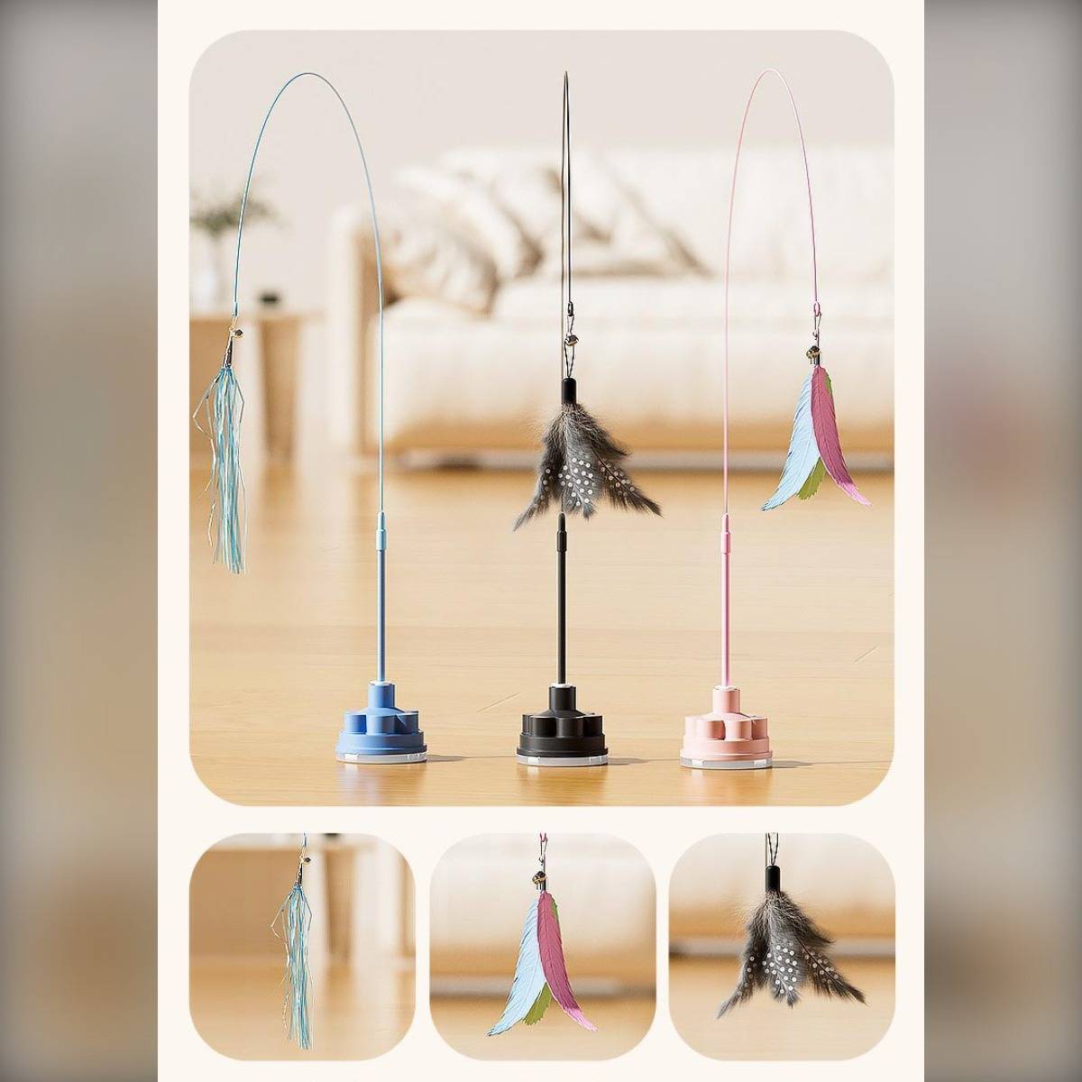 Drei Federspielzeuge auf gebogenen Drahtständern mit blauen, schwarzen und rosa Basen, dargestellt als Haustierspielprodukte in einer Raumeinstellung.