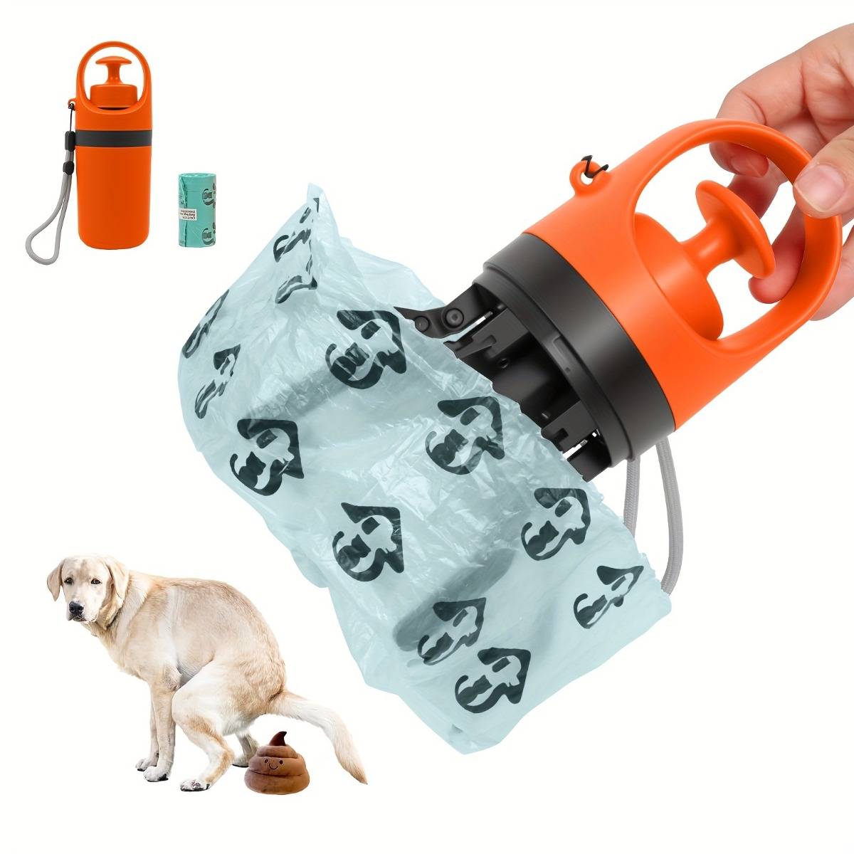 Orangefarbener tragbarer Hundekotbeutelspender hält einen Beutel offen; die Vergrößerung zeigt den Spender, eine Ersatzrolle und einen Hund mit Ausscheidungen.