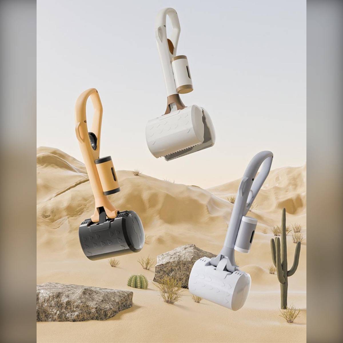 Drei tragbare Fusselroller in Beige, Weiß und Grau schweben über einer sandigen Wüste mit Felsen und Kakteen.