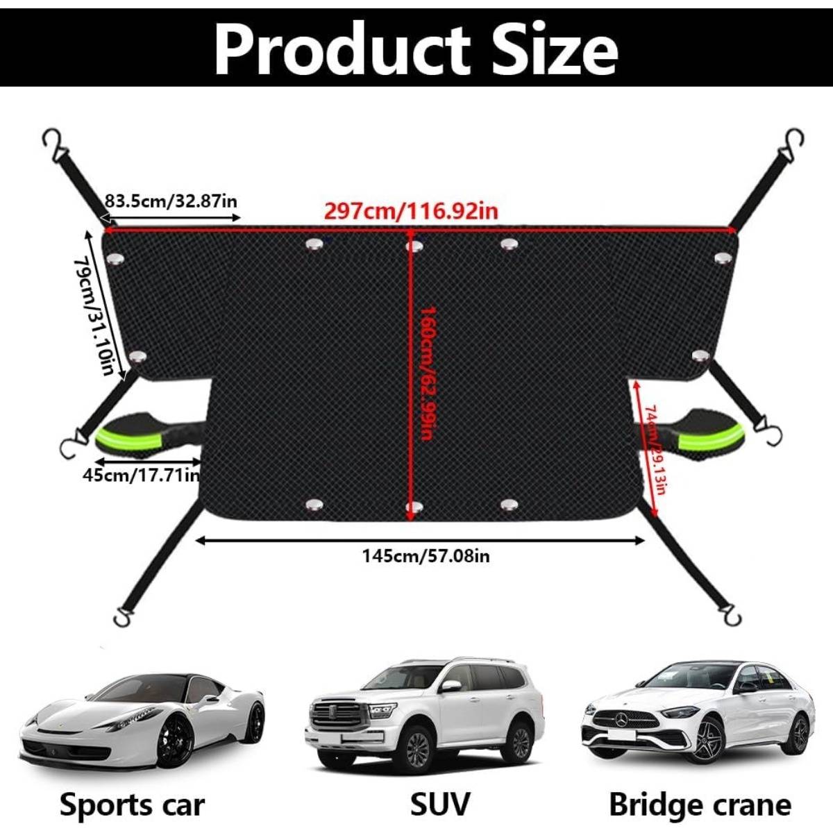 Produktgrößendiagramm für eine Autoschutzplane mit Abmessungen von 297 cm Breite, 180 cm Höhe, mit beschrifteten Passbeispielen für Sportwagen, SUV und Brückenkran.