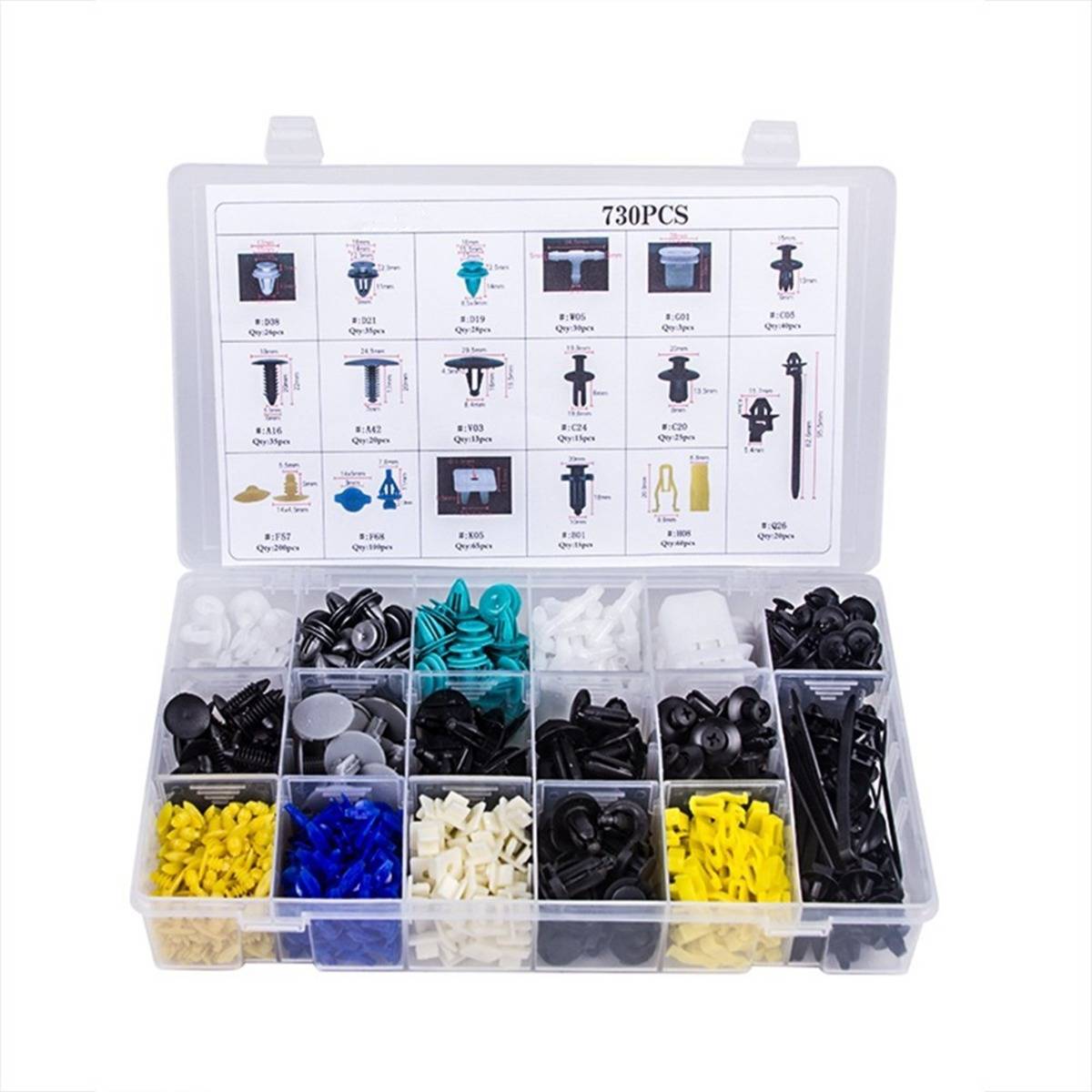 Offener Kunststoff-Organizer mit sortierten Autoclips und Befestigungselementen, gekennzeichnet mit „730PCS