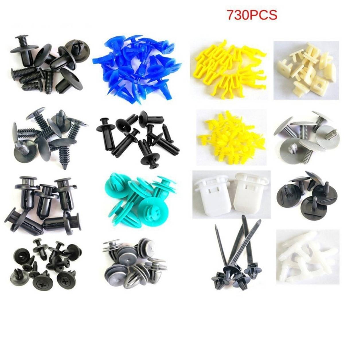 Kollagen aus sortierten Kunststoff-Autofastener und Clips in mehreren Farben, mit der Bezeichnung 