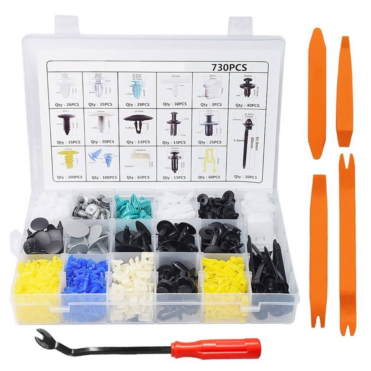 Kunststoff-Autoinnen-Clip-Sortimentkasten in einem Fachabteilungsbox mit der Bezeichnung '730PCS', mit orangefarbigen Hebelwerkzeugen und einem Clip-Entfernungswerkzeug