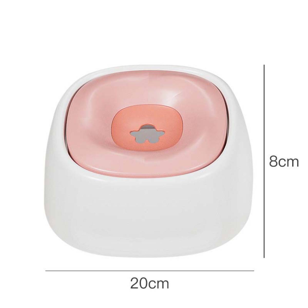 Weiß-rosa abgerundeter Behälter oder Kasten mit den Abmessungen 20 cm Breite und 8 cm Höhe.