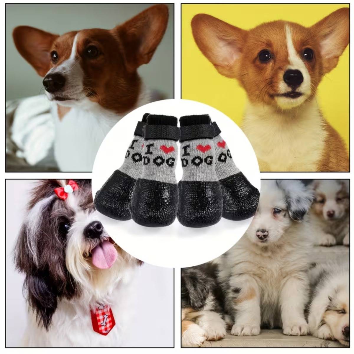 Collage von Hunden, die Socken tragen, mit einem zentral angezeigten Paar grauer und schwarzer "I DOG"" Hundeschuhe, die prominent in den Vordergrund gestellt sind.