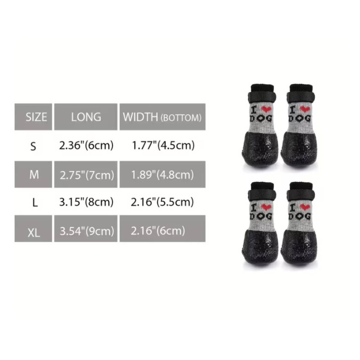 Größentabelle für Hundestiefel mit S, M, L, XL mit Längen- und Bodenstützungsmaßen sowie Fotos der Stiefel in zwei Größen.