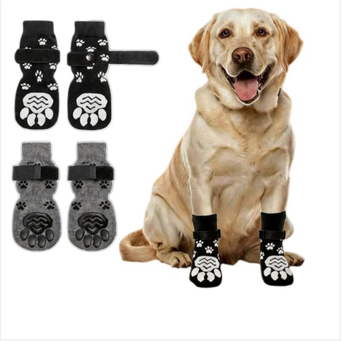 Labrador mit schwarzen Pfotendruck-Hundestiefelchen; zwei Paar grau-schwarze Stiefel links gezeigt.