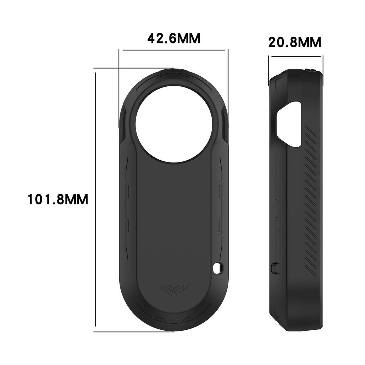 Bemessenes Produktdiagramm einer schwarzen ovalen Gerätetasche mit Vorder- und Seitenansicht und Abmessungen: 101,8 mm Höhe, 42,6 mm Breite, 20,8 mm Tiefe.