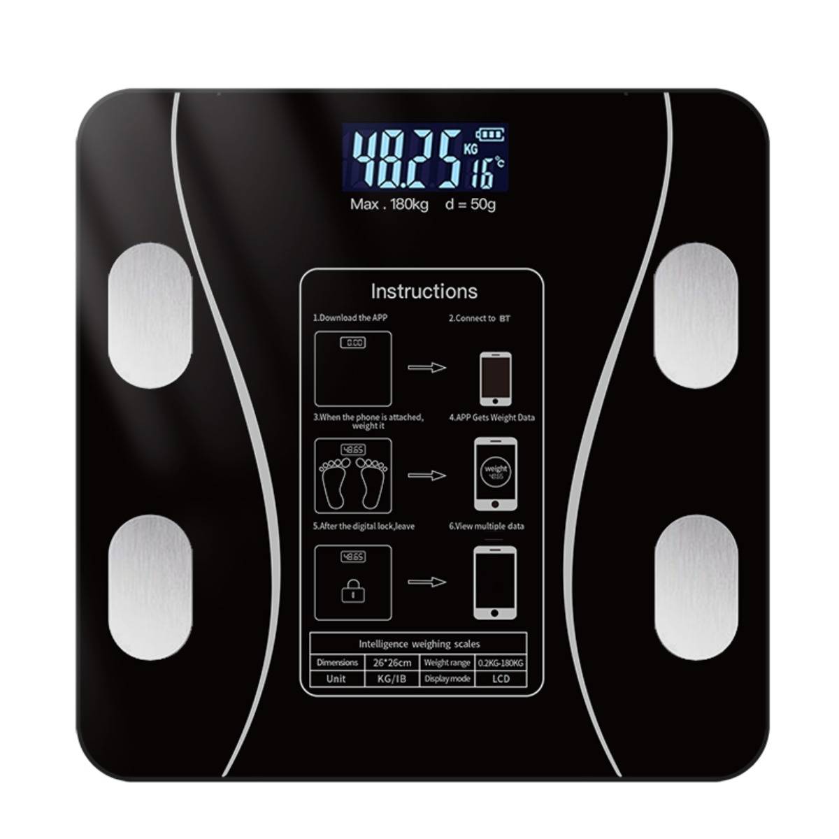 Schwarze digitale Körperwaage mit blauem Display, das 48,2 kg und 16°C anzeigt; Anleitung in der Mitte für die Bluetooth-App-Synchronisierung und das Wiegen.