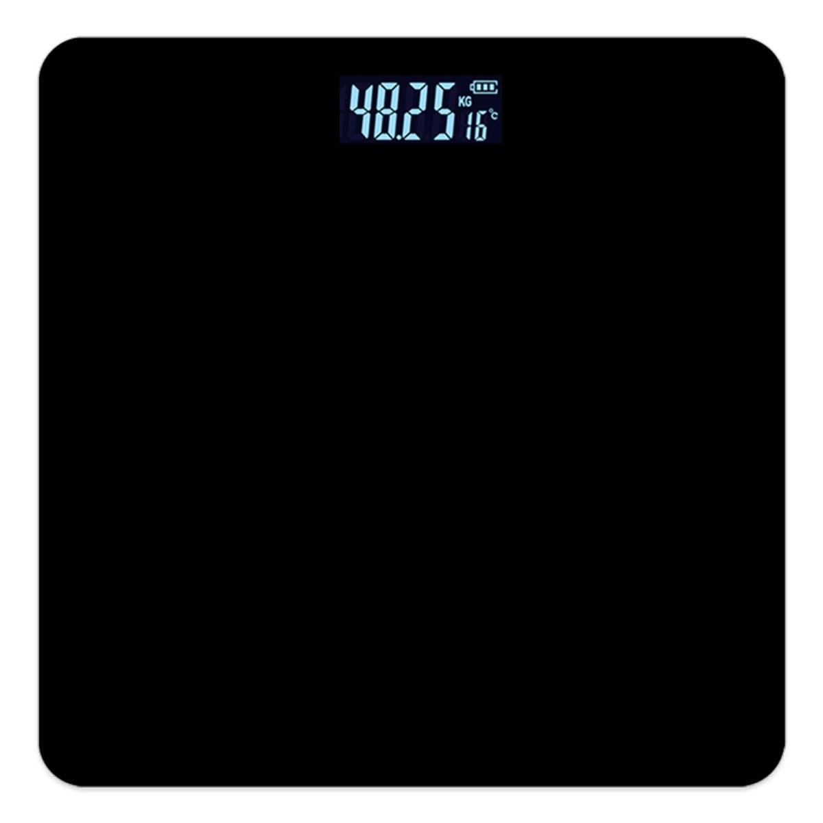 Schwarze digitale Badezimmerwaage mit beleuchtetem Display, das 48,25 und 16°C anzeigt, zentriert in der Nähe der Oberseite.