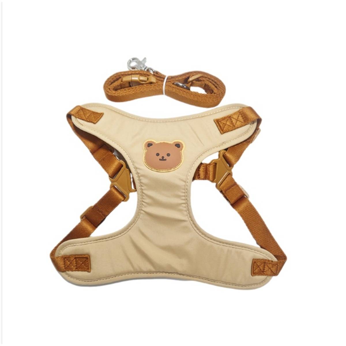 Beige verstellbares Haustierhalsband mit braunen Riemen und Bärenkopf-Patch, gezeigt mit passendem Laufseil auf weißem Hintergrund.