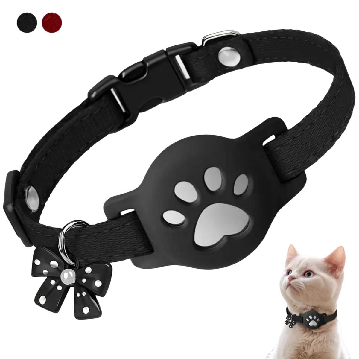 Schwarzes Katzenhalsband mit Pfotenschlüsselanhänger und Schleifenanhänger; gezeigt an einer Katze vor weißem Hintergrund, mit Farboptionen Schwarz und Rot
