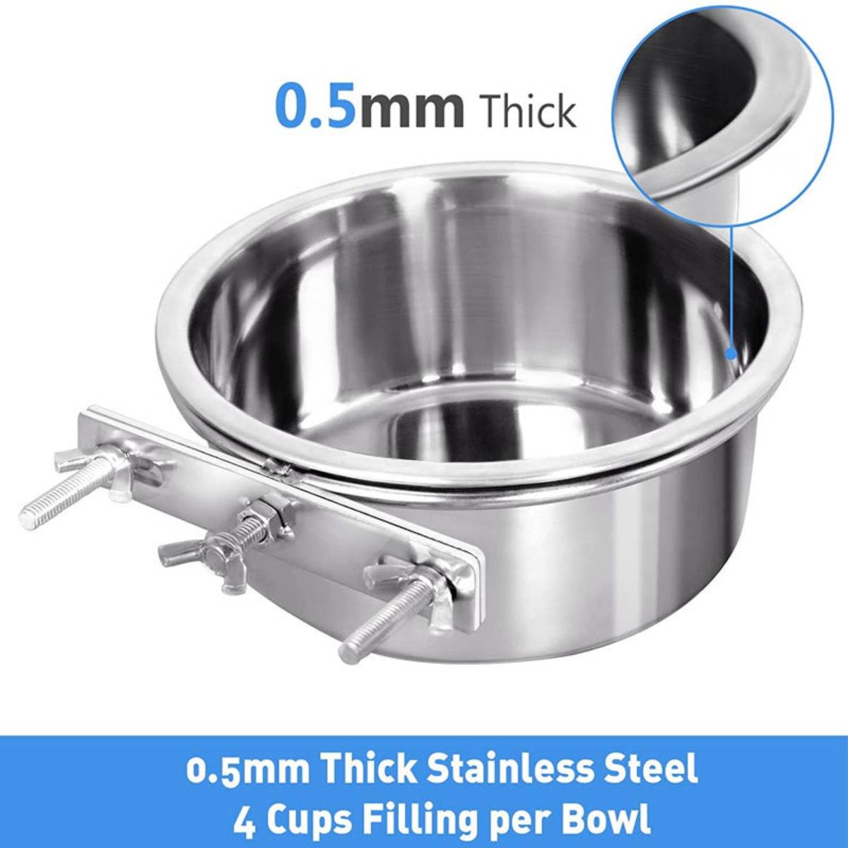 Edelstahlschüssel mit Klemmvorrichtung; Text sagt „0,5 mm dick