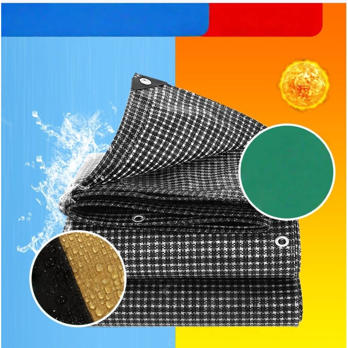 Gefalteter schwarz-weißer Karostoff mit wasserfester Textur, vor einem blauem bis orangefarbenem Hintergrund präsentiert, mit kreisförmigen Ausschnitten, die schwarz/gold und grüne Materialfarben hervorheben.