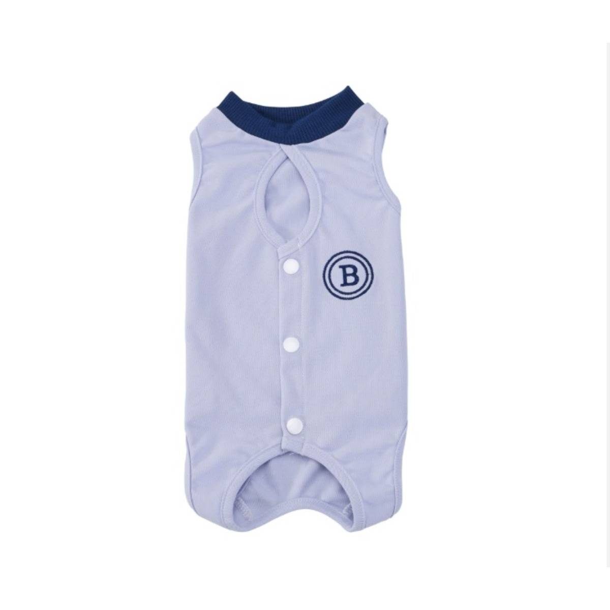 Hellvioletter Baby-Body mit dunkelblauen Kanten, Druckknöpfen vorne und einem „B