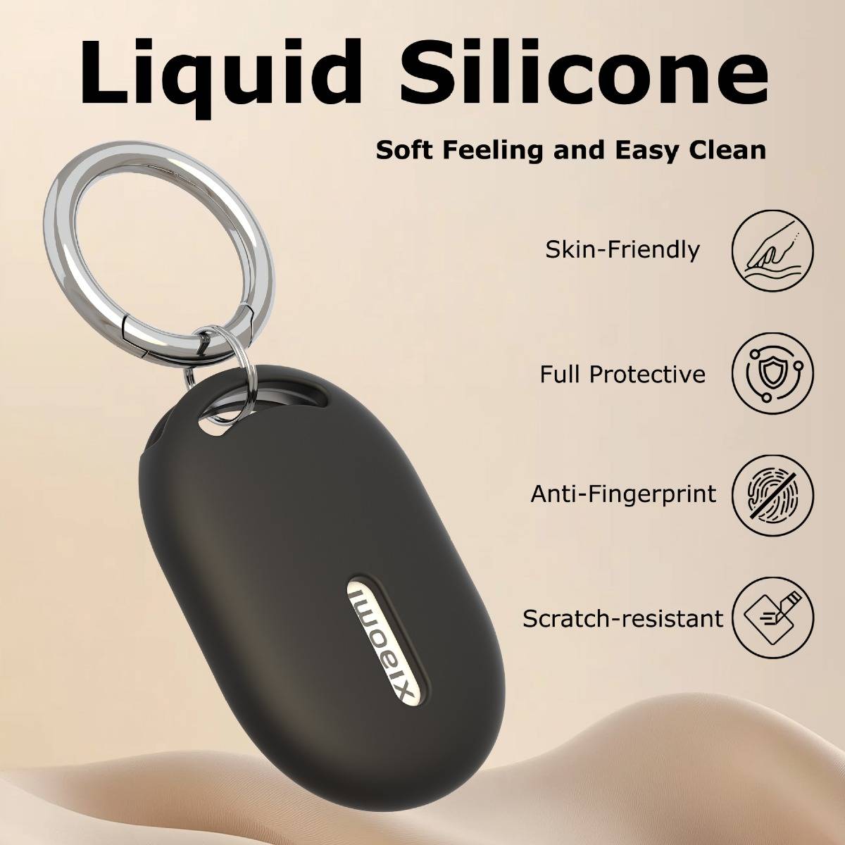 Werbebild eines schwarzen Flüssigsilikon-Schlüsseletui mit Metallring, mit der Bezeichnung "Liquid Silicone"" und Hervorhebung der weichen, hautfreundlichen, schützenden, abdruckbeständigen und kratzerbeständigen Eigenschaften.