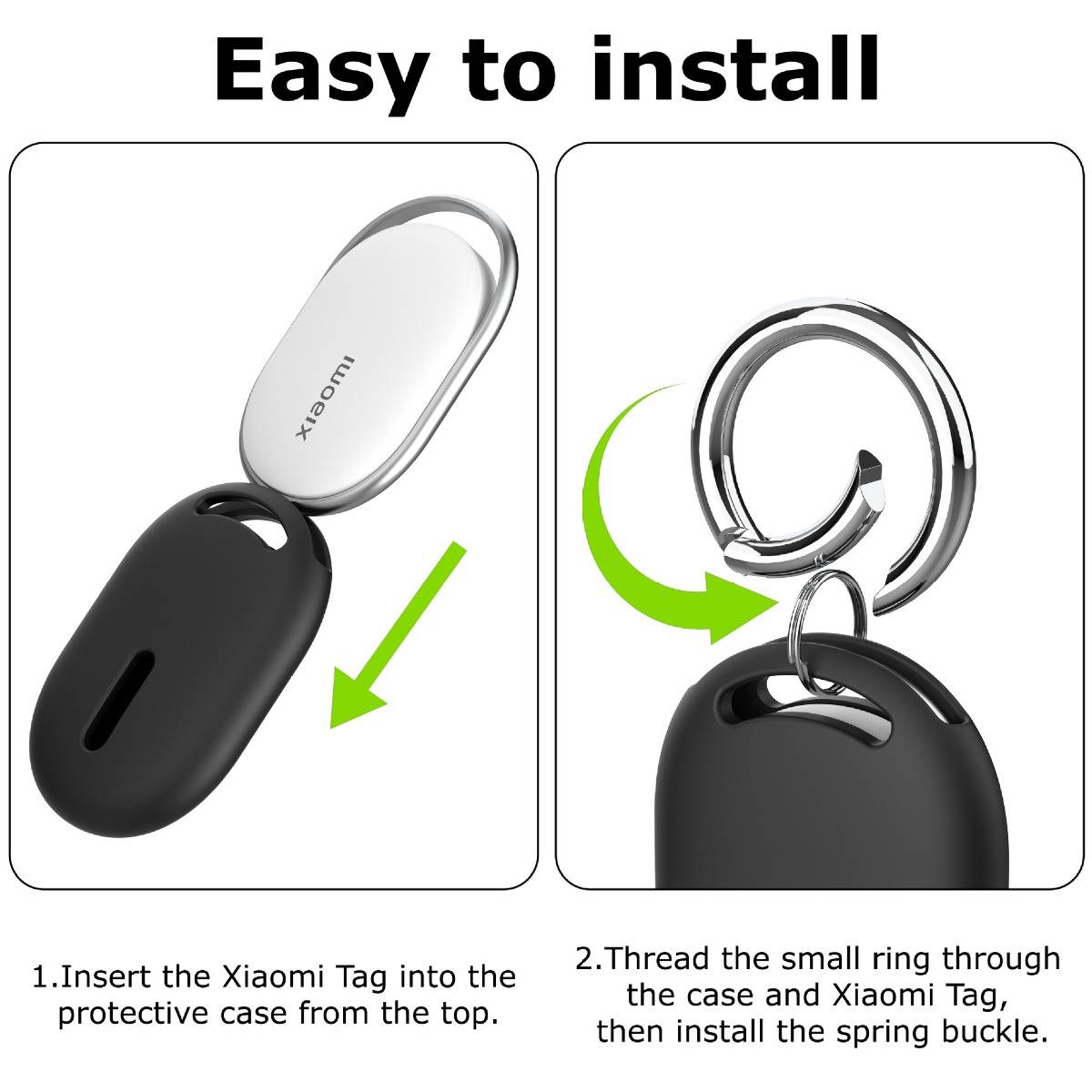 Anleitung mit dem Titel "Einfach zu installieren"", die zeigt, wie man ein Xiaomi-Tag in eine Schutzhülle einführt und einen Federbolzen durch einen kleinen Ring befestigt.